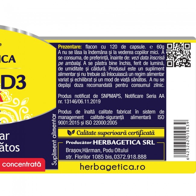 Vitamina D3 Naturala 3000UI 120 capsule Herbagetica