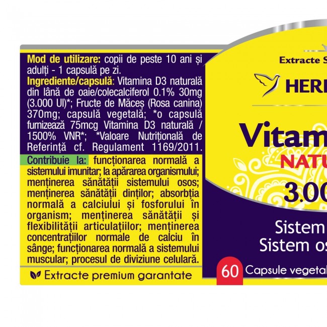Vitamina D3 Naturala 3000UI 60 capsule Herbagetica